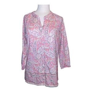 J Jill Women's Pink Paisley 3/4 Length Sleeve Button-Down Blouse Medium